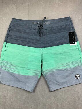 Travis Mathew Men Swim Trunks 36 Green Gray Colorblock Board Shorts Nobody Panic